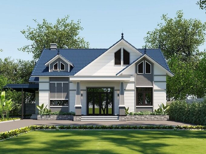 Nhà cấp 4 sân vườn, mái thái xanh, xung quanh cây xanh, thiết kế hiện đại và thoáng đãng.