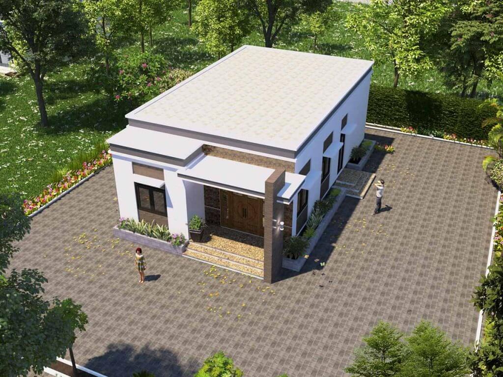 Nhà một tầng hiện đại với mái bằng, xung quanh là vườn cây xanh tươi và lối đi lát gạch.