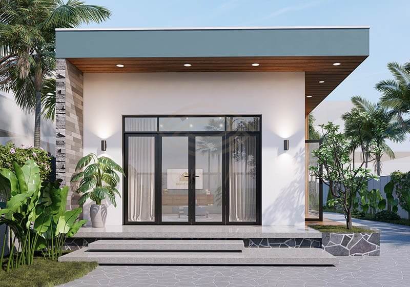 Mẫu nhà cấp 4 hiện đại với cửa kính lớn, mái bằng và cây xanh xung quanh.