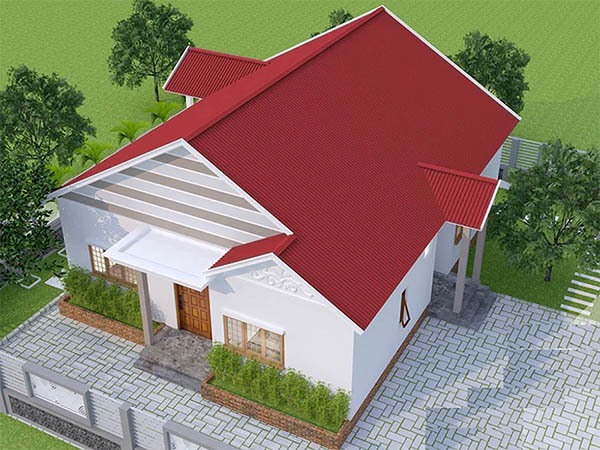 Nhà cấp 4 mái thái đỏ, sân gạch, không gian xanh xung quanh. Phong cách hiện đại, thoáng đãng và thân thiện với môi trường.