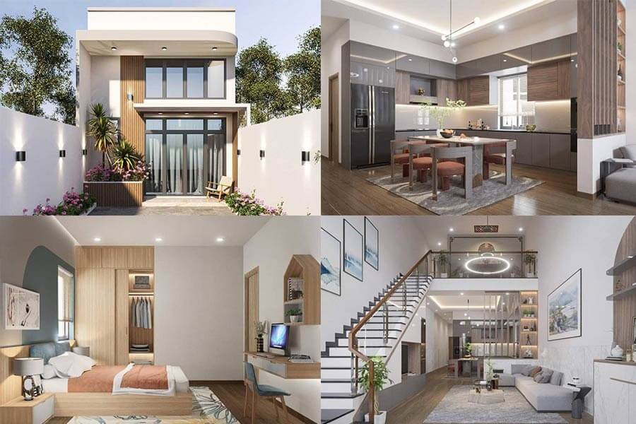 Nhà hiện đại với phòng khách, bếp, phòng ngủ tiện nghi và sân vườn rộng rãi, thiết kế mở, nội thất sang trọng.