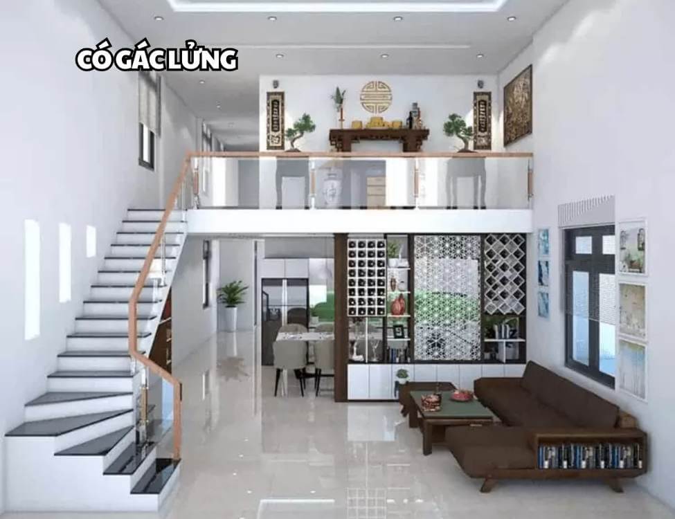 Phòng khách hiện đại với gác lửng, nội thất sang trọng và ánh sáng tự nhiên.