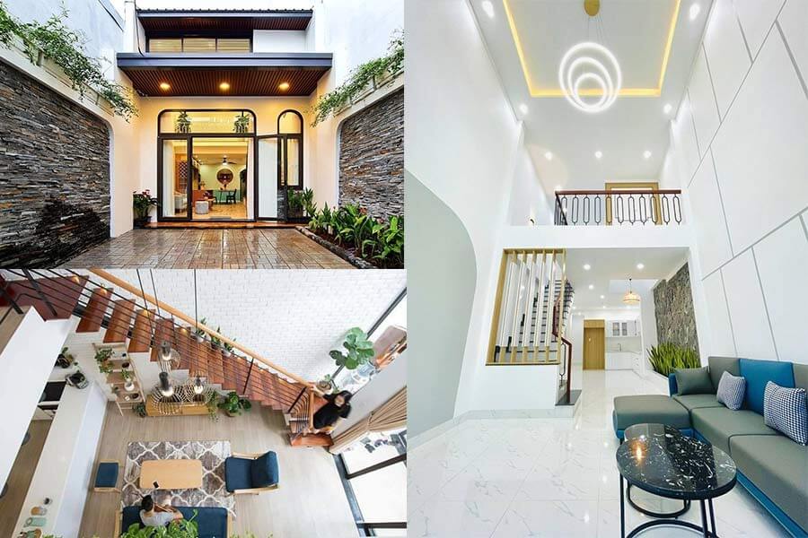 Nhà hiện đại với không gian rộng rãi, nội thất trang nhã và cầu thang gỗ sáng tạo.