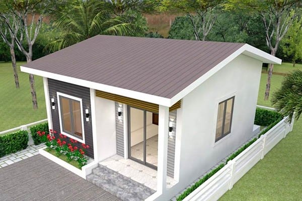 Nhà cấp 4 nhỏ gọn với mái tôn nâu, vườn bao quanh cây cao xanh mát, cửa kính hiện đại và tường trắng sáng.