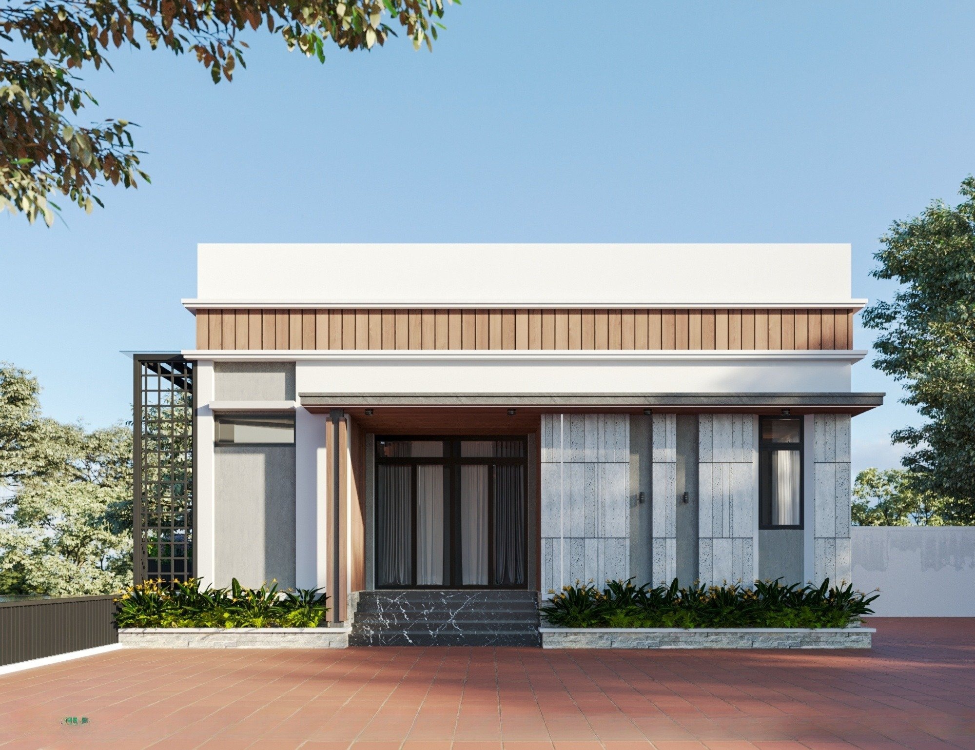 Nhà cấp 4 hiện đại với thiết kế tối giản, mặt tiền thoáng, sân gạch rộng, cây xanh trang trí hai bên, bầu trời xanh.