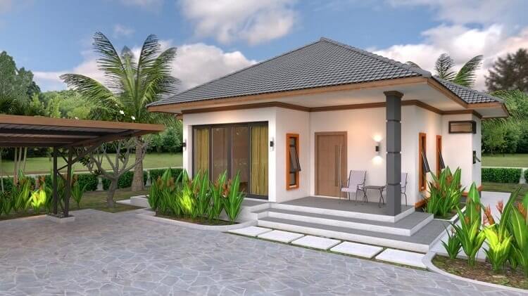 Nhà vườn hiện đại với sân rộng, cây xanh và ngói mái xám dưới bầu trời xanh.