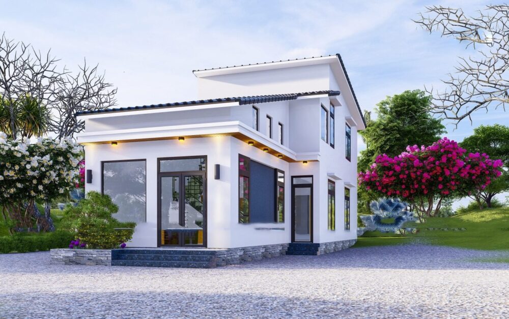 Nhà hiện đại hai tầng giữa vườn cây xanh tươi, thiết kế tối giản và ánh sáng ấm cúng.