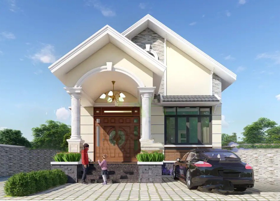 Nhà một tầng hiện đại với sân trước, có ô tô đỗ bên cạnh và hai người đứng trước cửa.