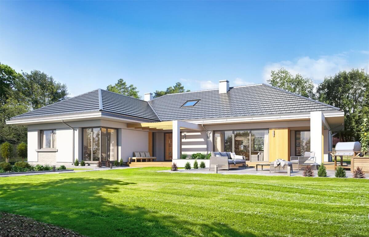 Ngôi nhà hiện đại với sân vườn xanh tươi và cửa kính lớn, tạo không gian sống thoải mái và gần gũi thiên nhiên.