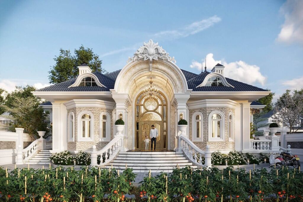 Biệt thự sang trọng với mái vòm, cửa kính lớn và vườn hoa xung quanh trong ánh nắng ban mai.