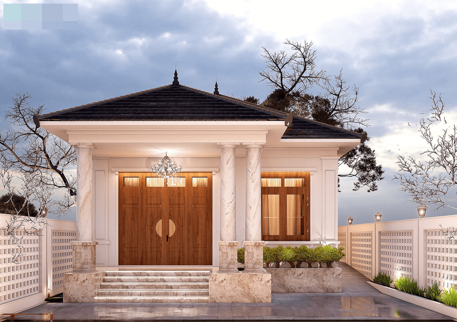 Nhà vườn phong cách cổ điển, cửa gỗ và cột đá sang trọng với đèn chùm đẹp, trời mờ sáng.