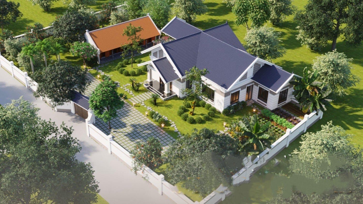 Nhà vườn xanh mát với mái ngói xanh dương, sân vườn rộng rãi và cây cối xung quanh, thiết kế thoáng đãng.