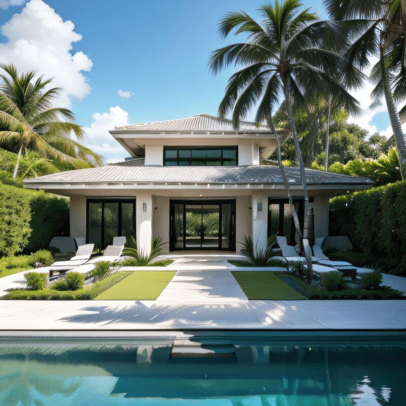 Biệt thự hiện đại với hồ bơi và cây cọ, không gian xanh thư giãn dưới bầu trời trong xanh.