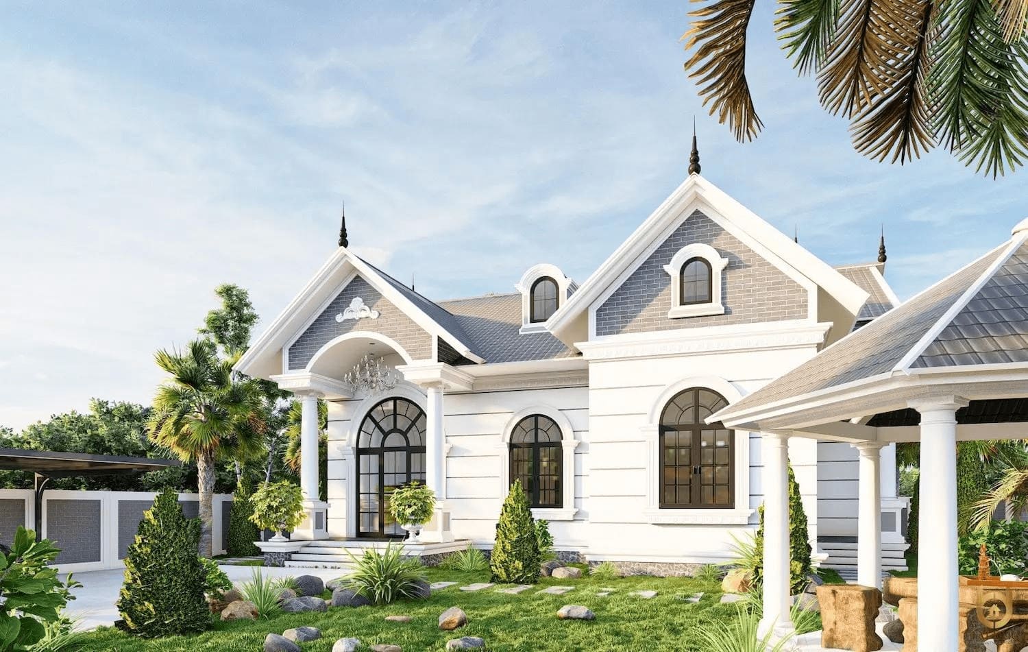 Biệt thự sang trọng kiểu hiện đại, mái ngói, sân vườn xanh mát với cây cối và đá cảnh.