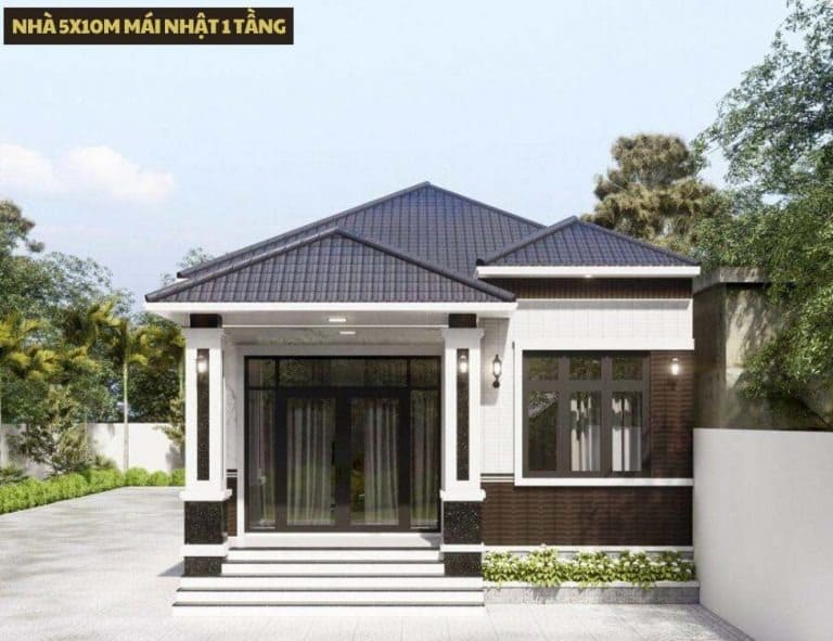 Nhà cấp 4 mái Nhật 5x10m, thiết kế hiện đại, xung quanh cây xanh.