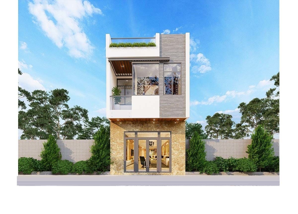 Mẫu nhà phố hiện đại hai tầng với thiết kế kính lớn và ban công xanh mát trên nền trời xanh.