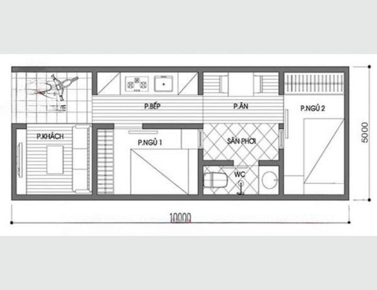 Sơ đồ mặt bằng nhà với các phòng chức năng gồm phòng khách, bếp, ăn, ngủ, và nhà vệ sinh.