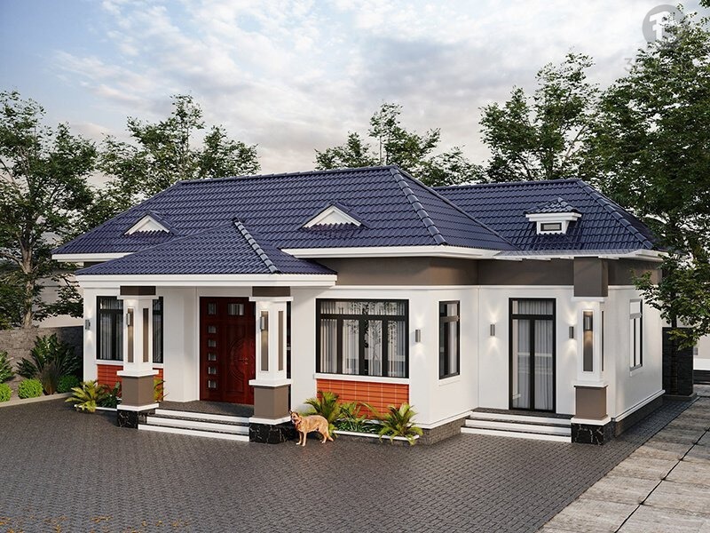 Nhà cấp 4 hiện đại với mái ngói xanh, sân rộng, cây xanh xung quanh, phía trước có chú chó đang đứng.