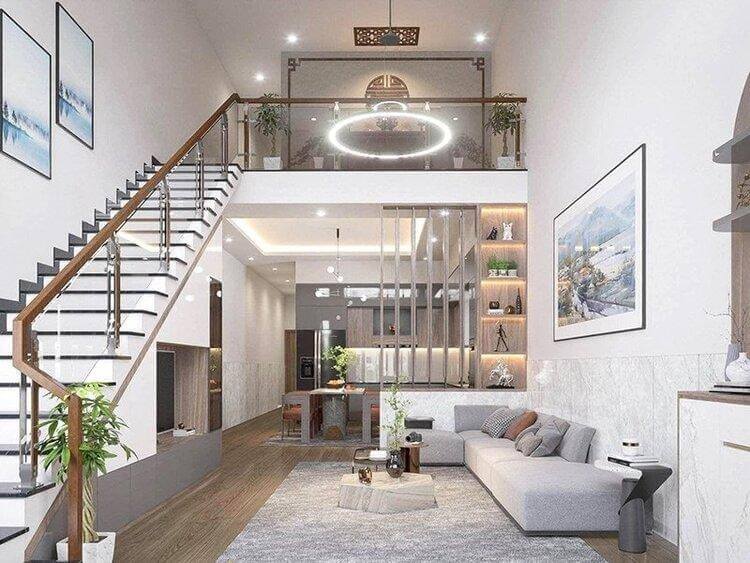 Phòng khách hiện đại với cầu thang đẹp, sofa sang trọng, tranh treo tường và đèn trần ấn tượng.