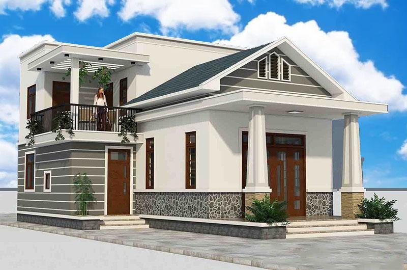 Nhà hai tầng hiện đại với mái ngói và ban công, nền trời xanh và mây trắng.