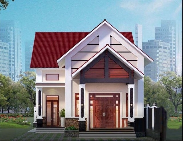 Ngôi nhà tầng trệt thanh lịch với mái ngói đỏ, mặt tiền hiện đại giữa không gian xanh và tòa nhà cao tầng.
