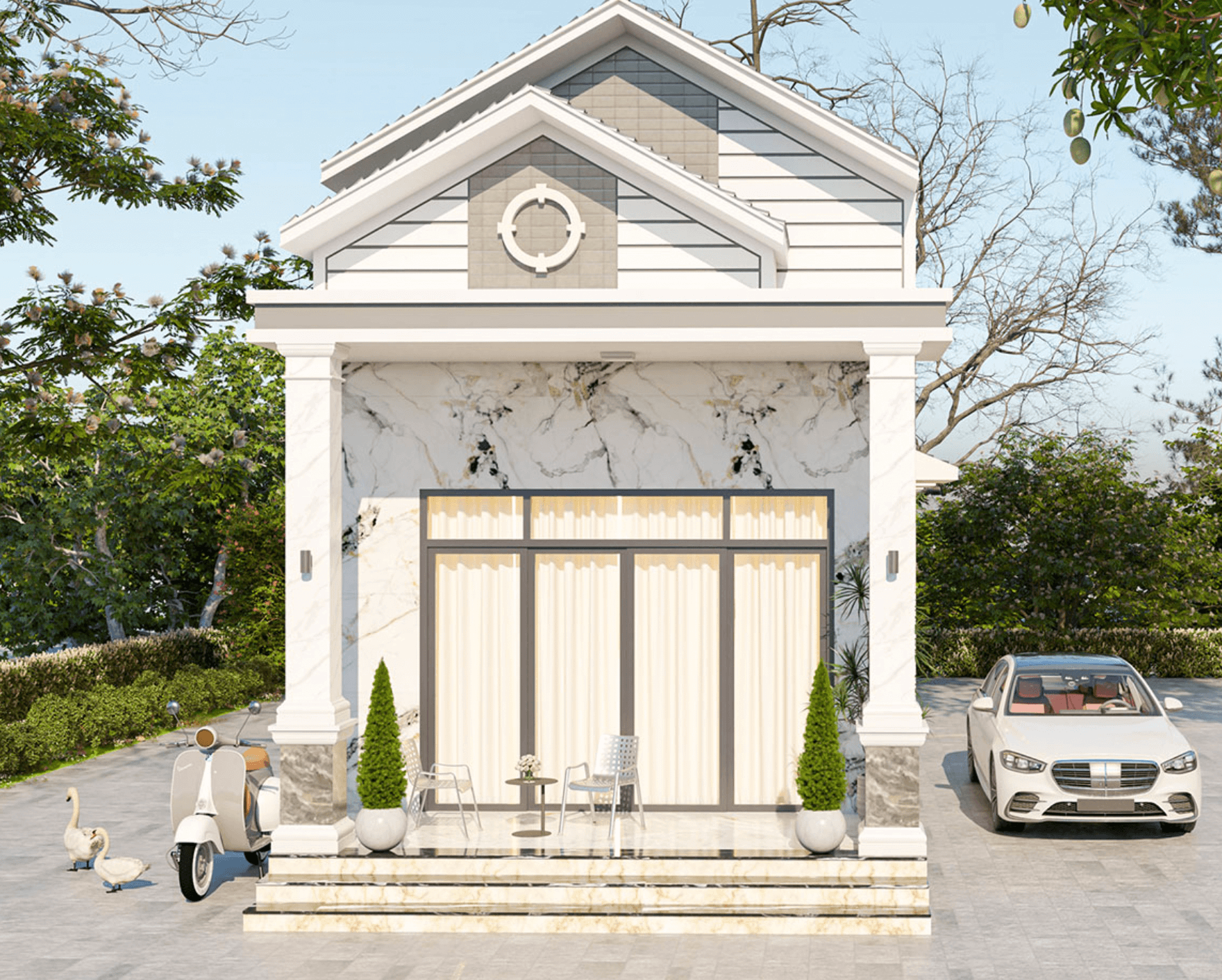 Nhà một tầng hiện đại với mái ngói, xe máy và ô tô đỗ bên ngoài, cây xanh xung quanh.