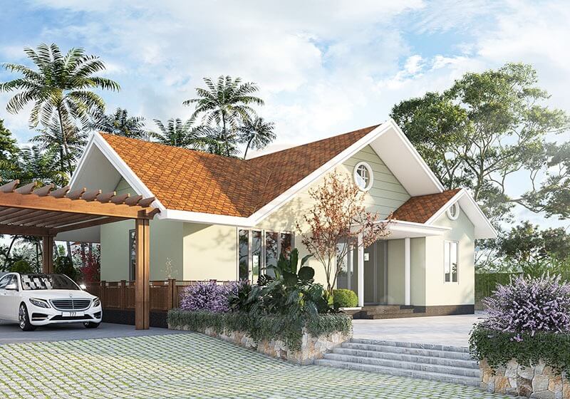 Nhà một tầng hiện đại mái ngói đỏ với sân vườn xanh, bên cạnh là ô tô đỗ dưới giàn lam gỗ.