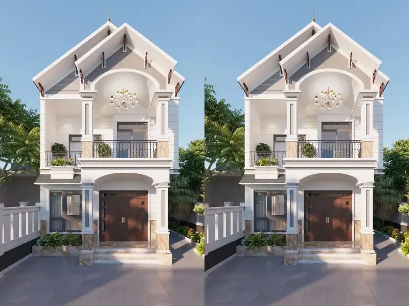 Nhà hai tầng hiện đại, thiết kế mái thái, cửa gỗ lớn, nền xi măng, cây xanh xung quanh, sáng rực dưới ánh nắng.