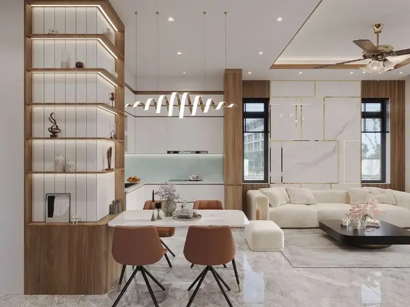 Phòng khách hiện đại với nội thất gỗ và sofa trắng, trang trí tinh tế và ánh sáng tự nhiên.