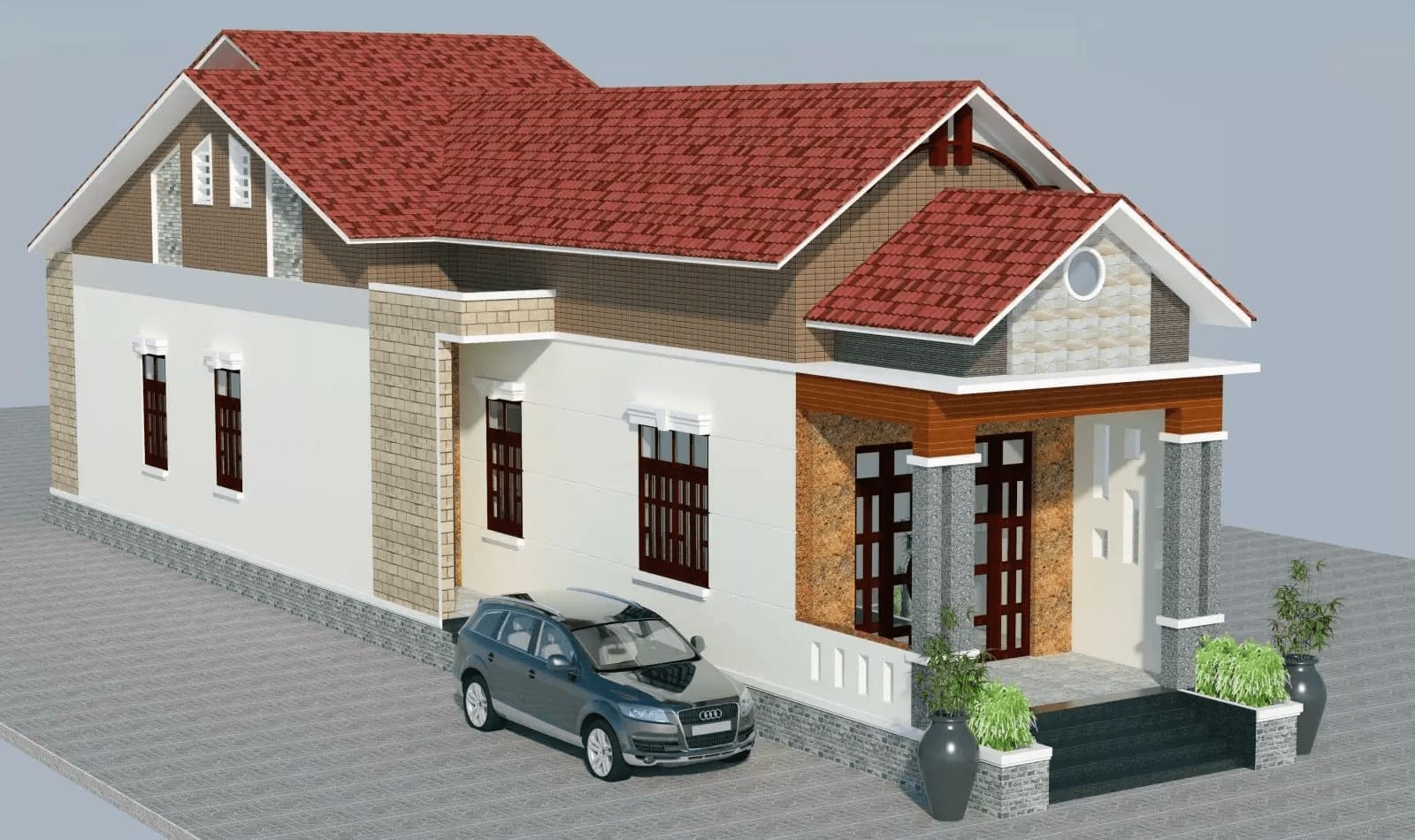 Nhà cấp 4 mái thái đẹp có ô tô đỗ phía trước, thiết kế hiện đại, mái ngói đỏ, cửa gỗ và cây xanh trang trí.