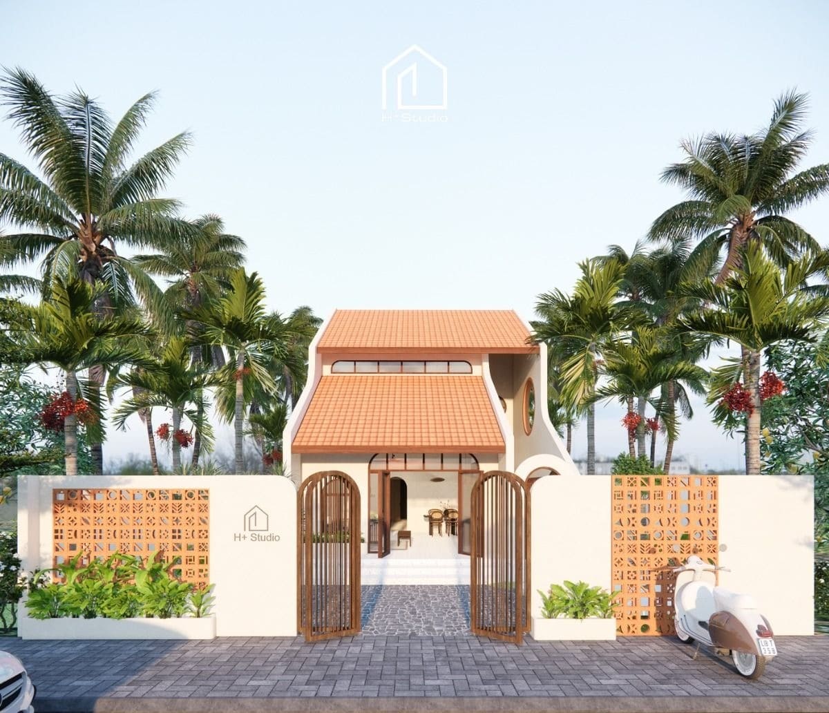 Nhà mái ngói hiện đại với cổng gỗ, cây dừa bao quanh, trước nhà có xe máy Vespa trắng.