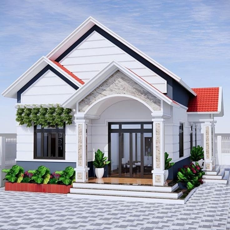 Nhà mái thái hiện đại với mái ngói đỏ, cửa kính lớn và cây xanh trang trí trước sân.