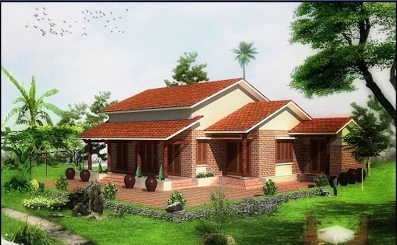 Nhà ngói đỏ truyền thống giữa vườn xanh, chim bay trên trời và cây cối phong phú tạo cảnh thanh bình.