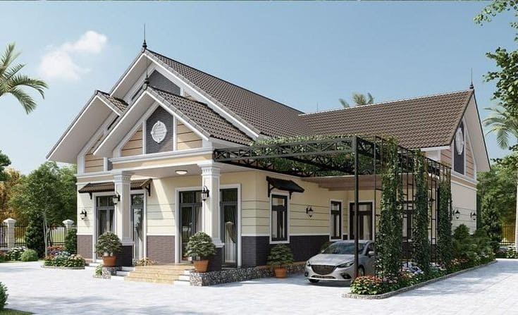 Mẫu nhà cấp 4 mái ngói hình chữ L