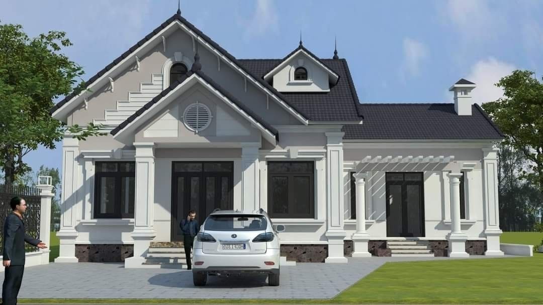Nhà mái thái sang trọng với ô tô đỗ trước cửa, thiết kế hiện đại và cảnh quan xanh xung quanh.