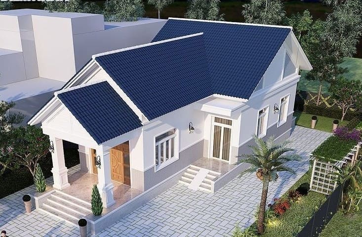 Nhà cấp 4 mái thái màu xanh, thiết kế hiện đại với sân vườn xanh mướt, phù hợp cho gia đình Việt.