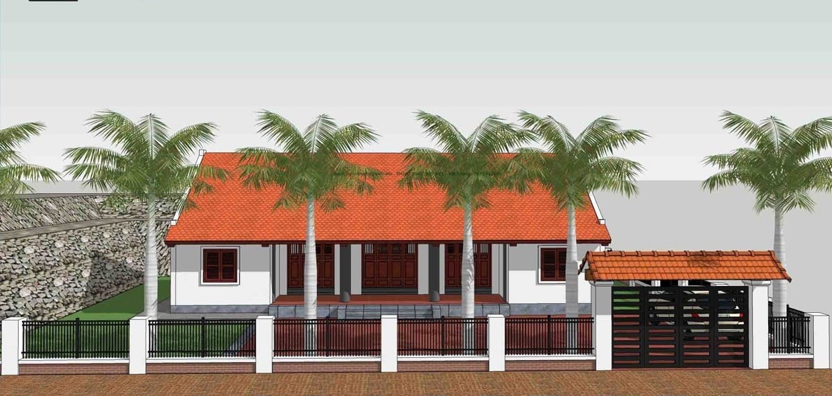 Nhà cấp 4 mái ngói đỏ có sân rộng và hàng cọ, cổng sắt màu đen, tường bao trắng.