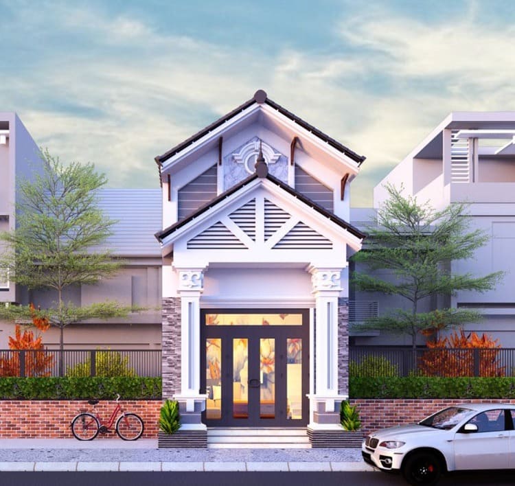 Nhà hiện đại trắng có xe đạp và ô tô đỗ trước cửa, cây xanh hai bên, trời trong xanh.