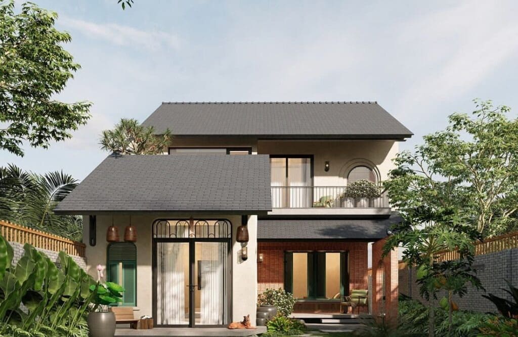 Ngôi nhà hai tầng hiện đại với mái ngói xám và khu vườn xanh tươi, ánh sáng tự nhiên sáng rõ.