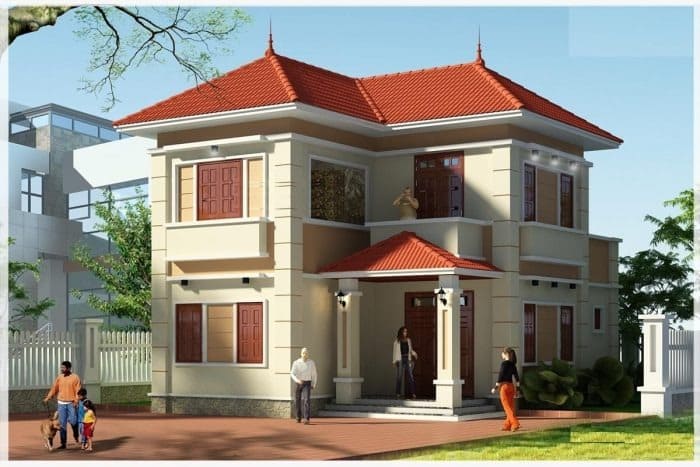 Ngôi nhà hai tầng với mái ngói đỏ, cửa sổ gỗ xung quanh và sân rộng, người đi dạo gần cổng.