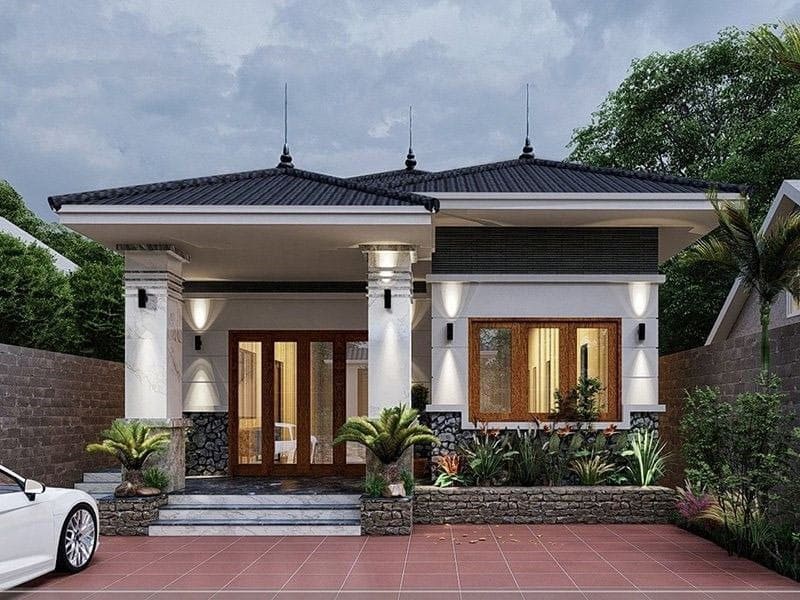 Mẫu nhà cấp 4 mái ngói với ba phòng ngủ