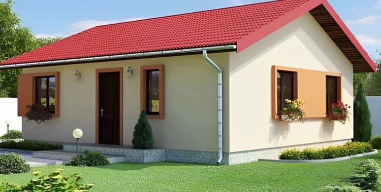 Nhà một tầng với mái ngói đỏ, cửa sổ hoa, và sân vườn xanh tươi.