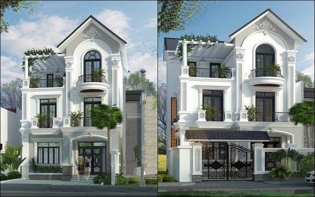 Biệt thự 3 tầng sang trọng với thiết kế tân cổ điển, cửa sổ lớn và ban công thoáng đãng.