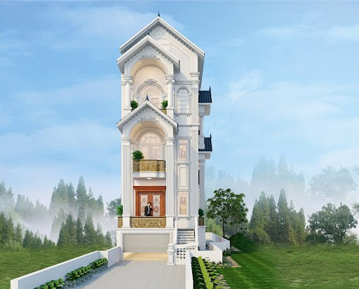 mau-nha-mai-thai-4-tang-co-san-thuong-2 Biệt thự tân cổ điển 4 tầng màu trắng với thiết kế sang trọng giữa thiên nhiên xanh mát.