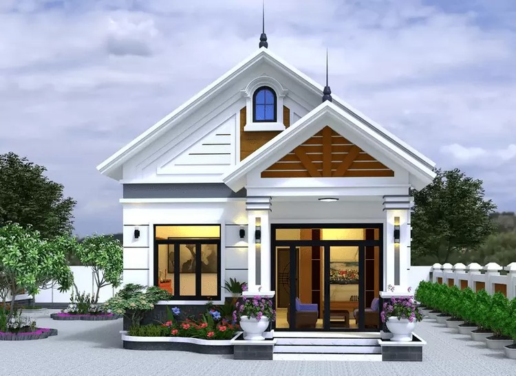 Nhà cấp 4 hiện đại với thiết kế mái thái và cửa kính lớn, sân rộng, cây xanh xung quanh.