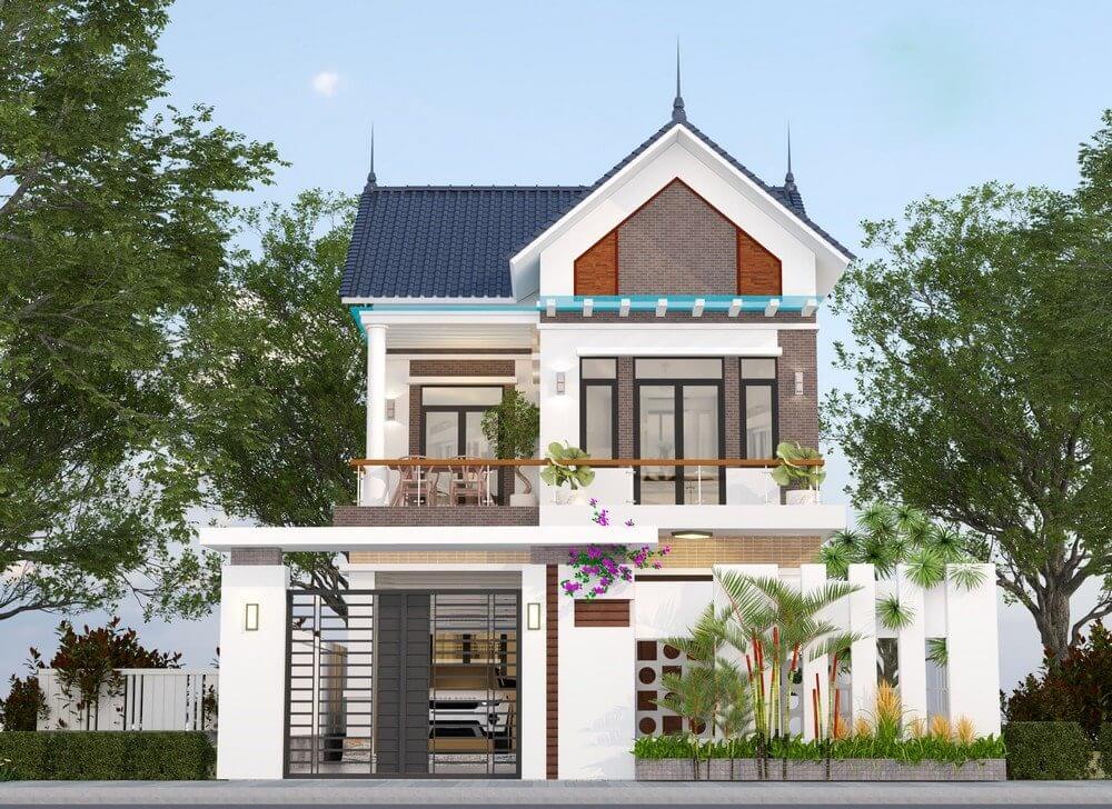 Nhà hai tầng hiện đại với cây xanh bao quanh và ban công rộng, thiết kế nhấn mạnh sự thoáng đãng và sáng sủa.