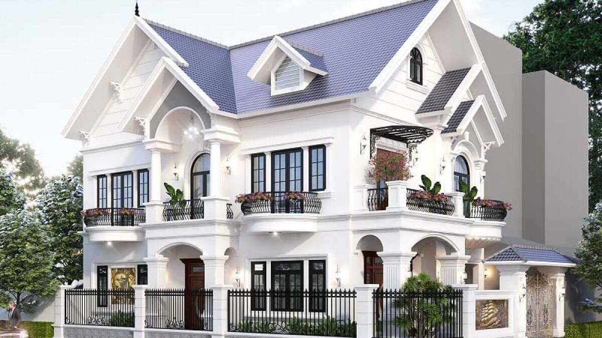 mau-nha-mai-thai-co-san-thuong-kem-gara-o-to-2 Biệt thự hiện đại sang trọng với mái ngói xanh và ban công lớn, cây xanh xung quanh.