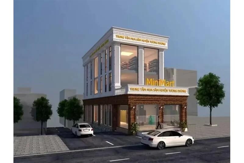 Tòa nhà MiniMart hiện đại với ô tô đỗ phía trước, vị trí trung tâm thị trấn, phố Tương Dương, Việt Nam.