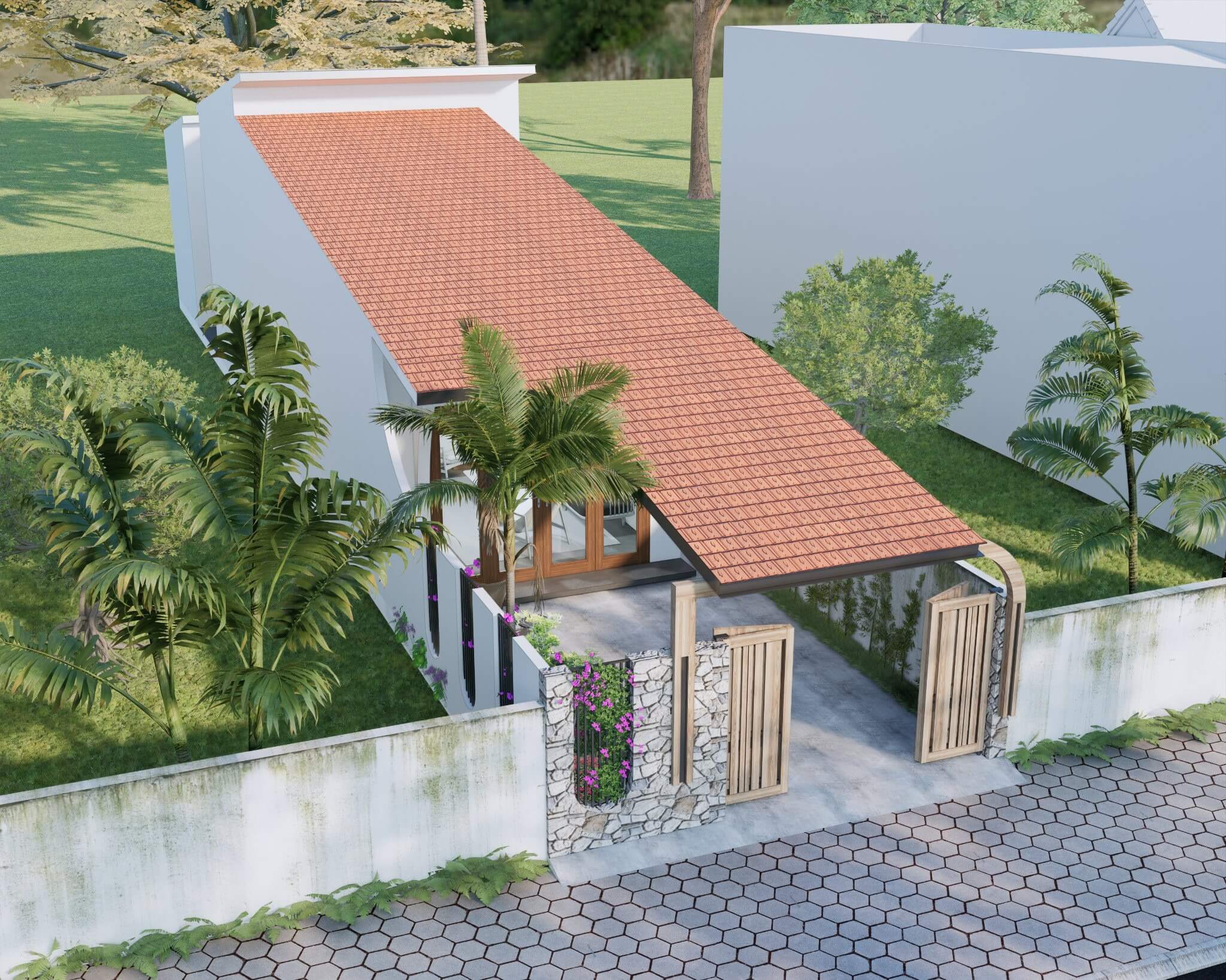 Nhà cấp 4 mái ngói đỏ với sân vườn xanh mướt, cổng đá và hàng cây xanh, nhìn từ trên cao.