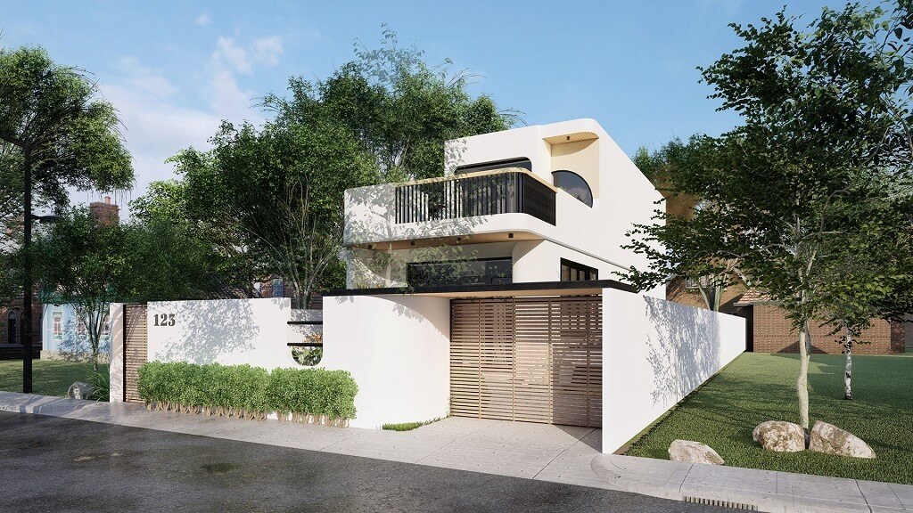 mau-nha-ong-1-tang-5x16m-co-gara-2 Ngôi nhà hiện đại với hai tầng, tường trắng, và sân vườn xanh mát.Khuôn viên có thiên nhiên bao quanh.